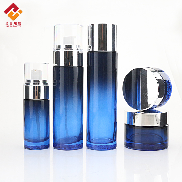 New design luxury blue set cream cosmetic packaging set lotion serum skincare oil glass pump bottle