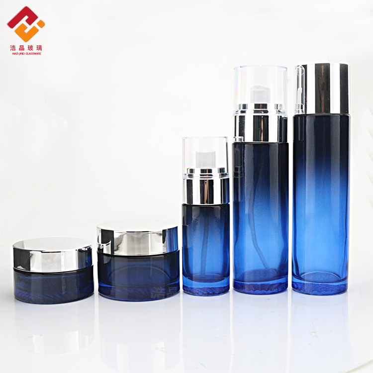 New design luxury blue set cream cosmetic packaging set lotion serum skincare oil glass pump bottle