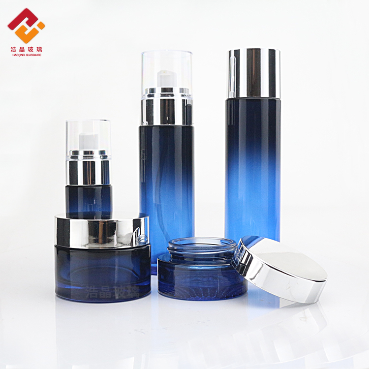New design luxury blue set cream cosmetic packaging set lotion serum skincare oil glass pump bottle