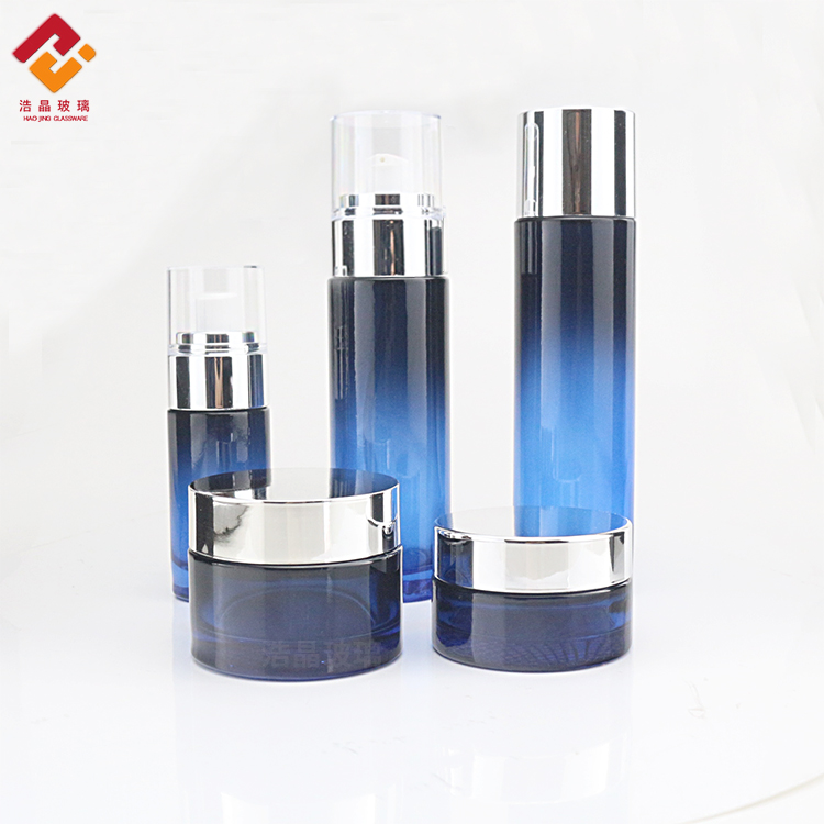 New design luxury blue set cream cosmetic packaging set lotion serum skincare oil glass pump bottle