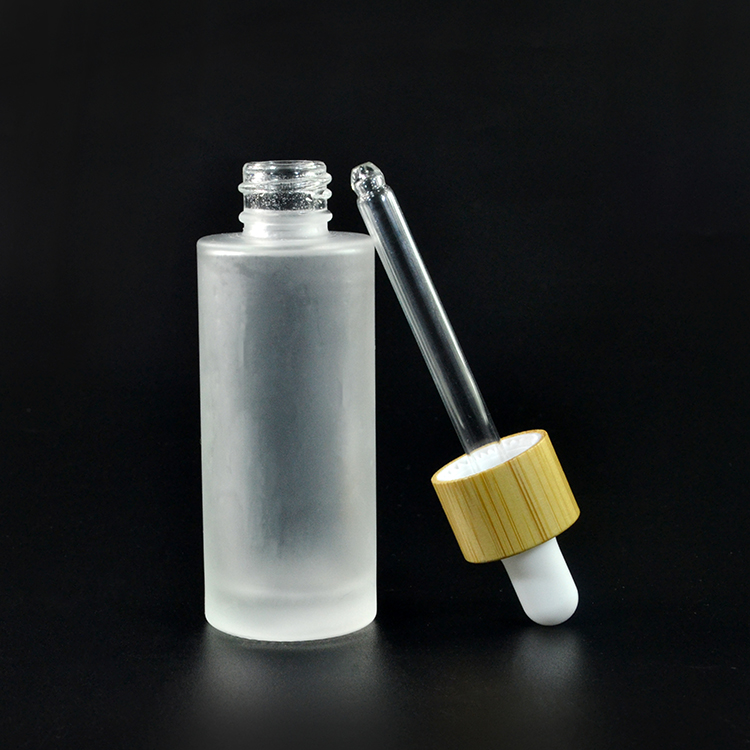 New design perfume essential oil serum 30ml frosted clear glass dropper bottle with bamboo wooden lids