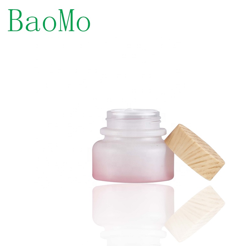 New design pink round shape and white pink gradient glass small mouth channel cream jar with wood grain lid