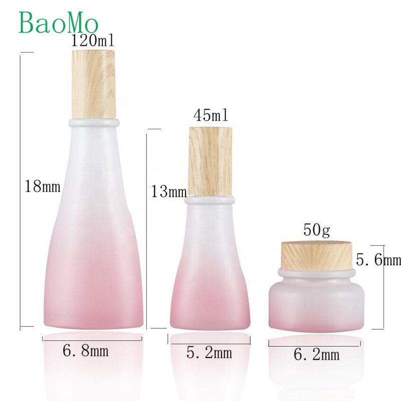 New design pink round shape and white pink gradient glass small mouth channel cream jar with wood grain lid