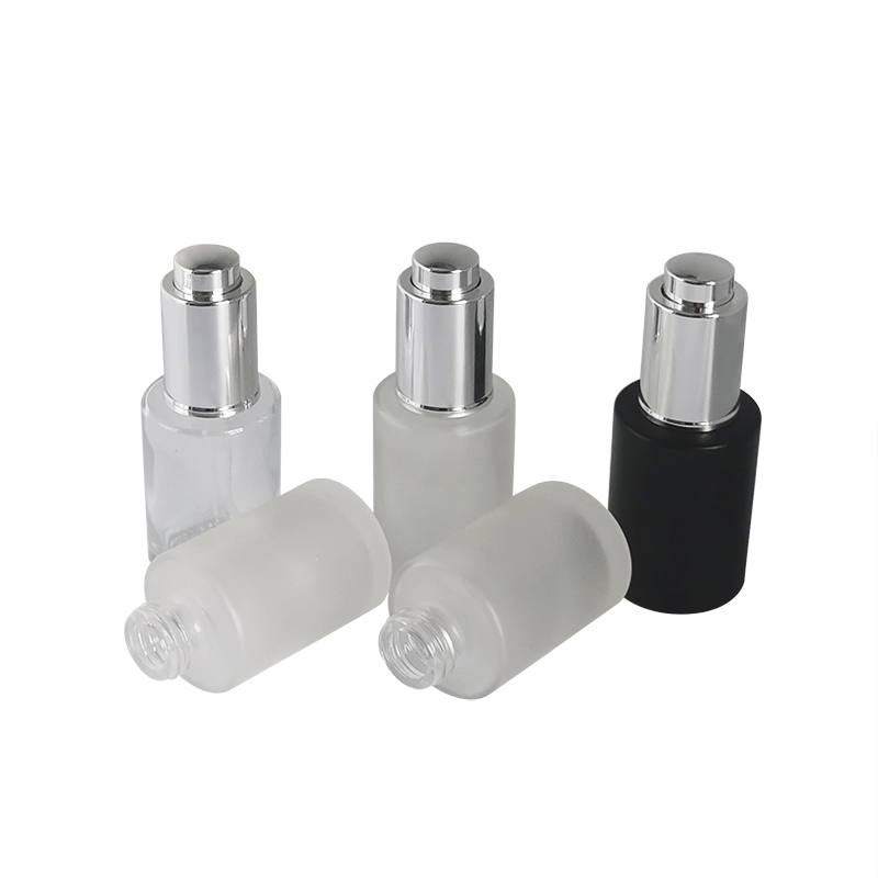 New design push button flat shoulder 30ml essential oil bottle customize frosted cosmetic glass dropper bottle