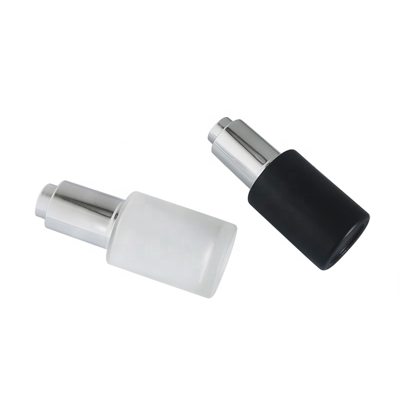 New design push button flat shoulder 30ml essential oil bottle customize frosted cosmetic glass dropper bottle