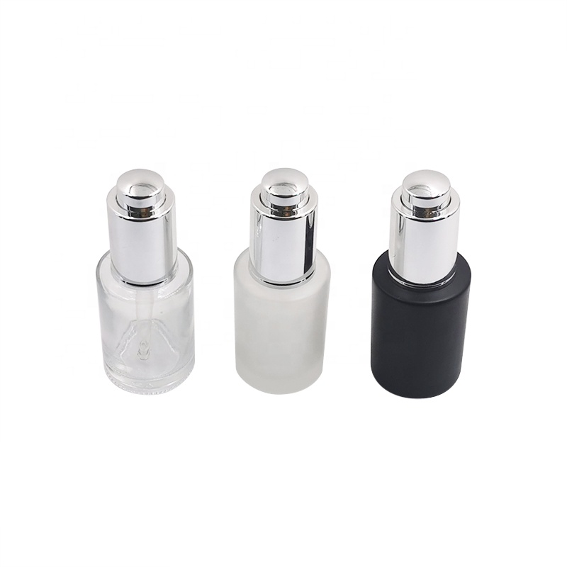 New design push button flat shoulder 30ml essential oil bottle customize frosted cosmetic glass dropper bottle