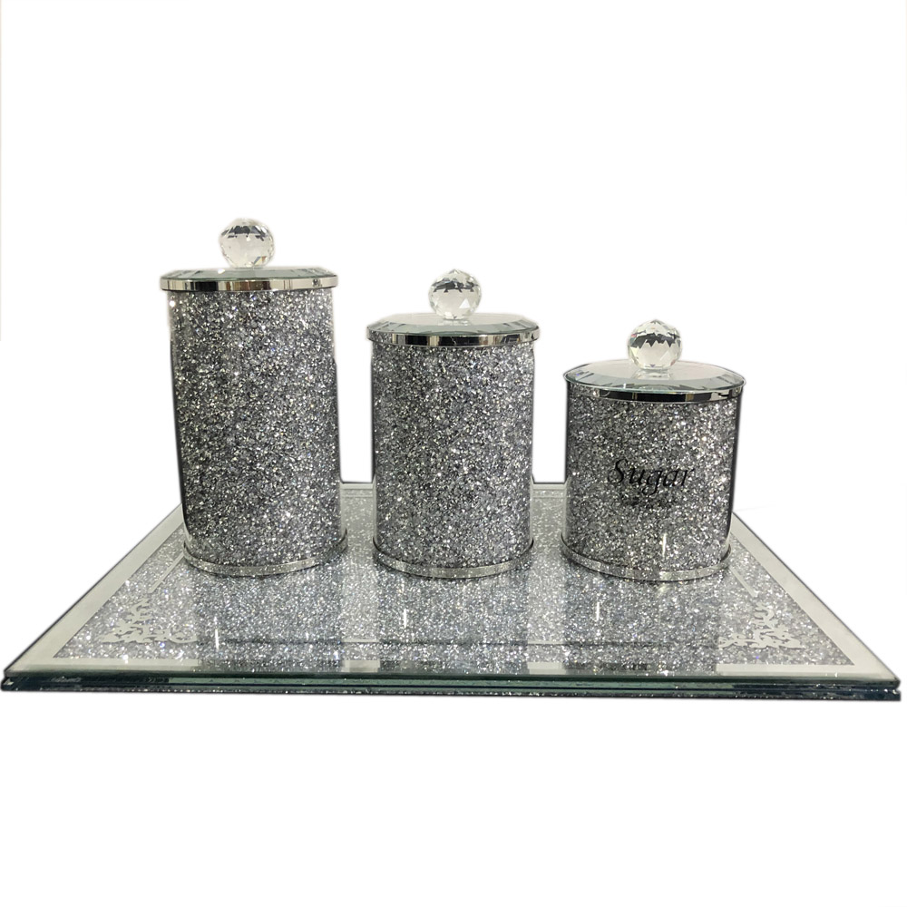 New design spice salt pepper jar set gold crushed diamond glass spice bottle storage with tray