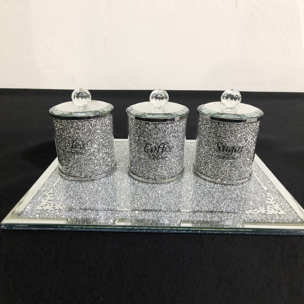 New design spice salt pepper jar set gold crushed diamond glass spice bottle storage with tray