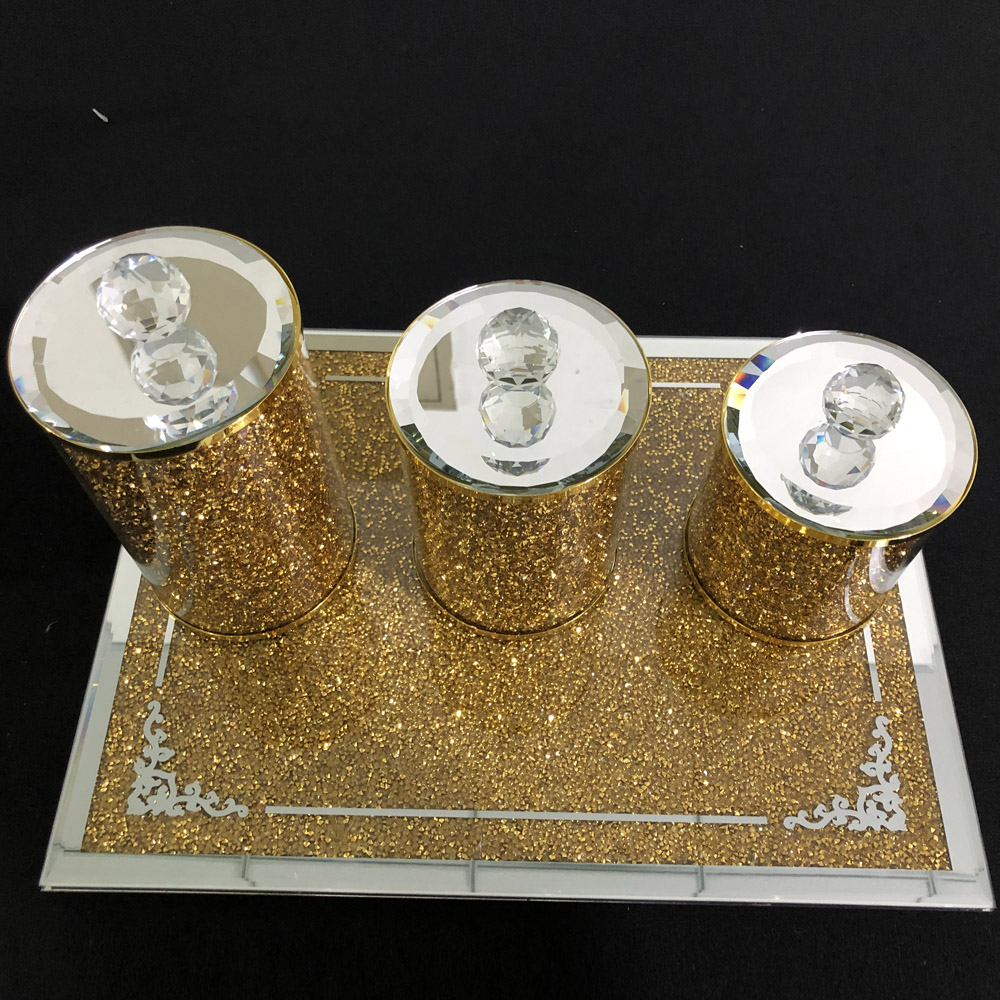 New design spice salt pepper jar set gold crushed diamond glass spice bottle storage with tray