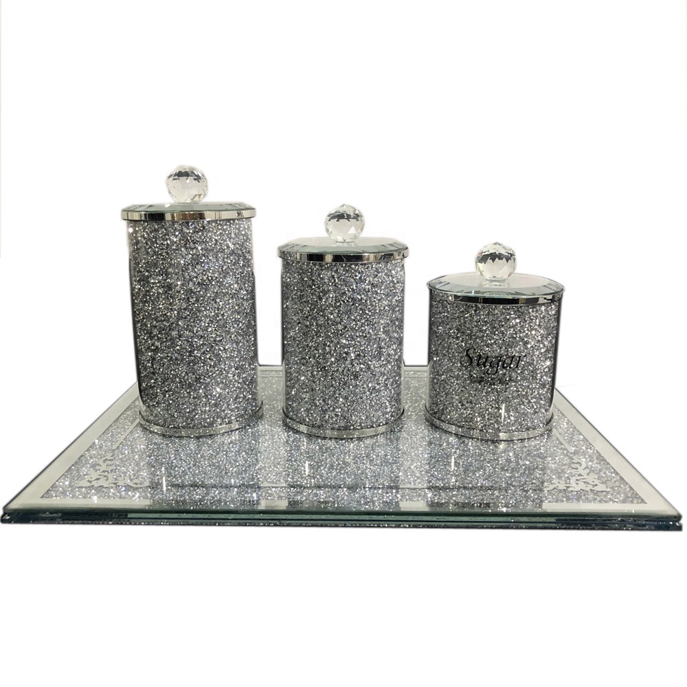 New design spice salt pepper jar set silver gold crushed diamond glass bottle storage with tray