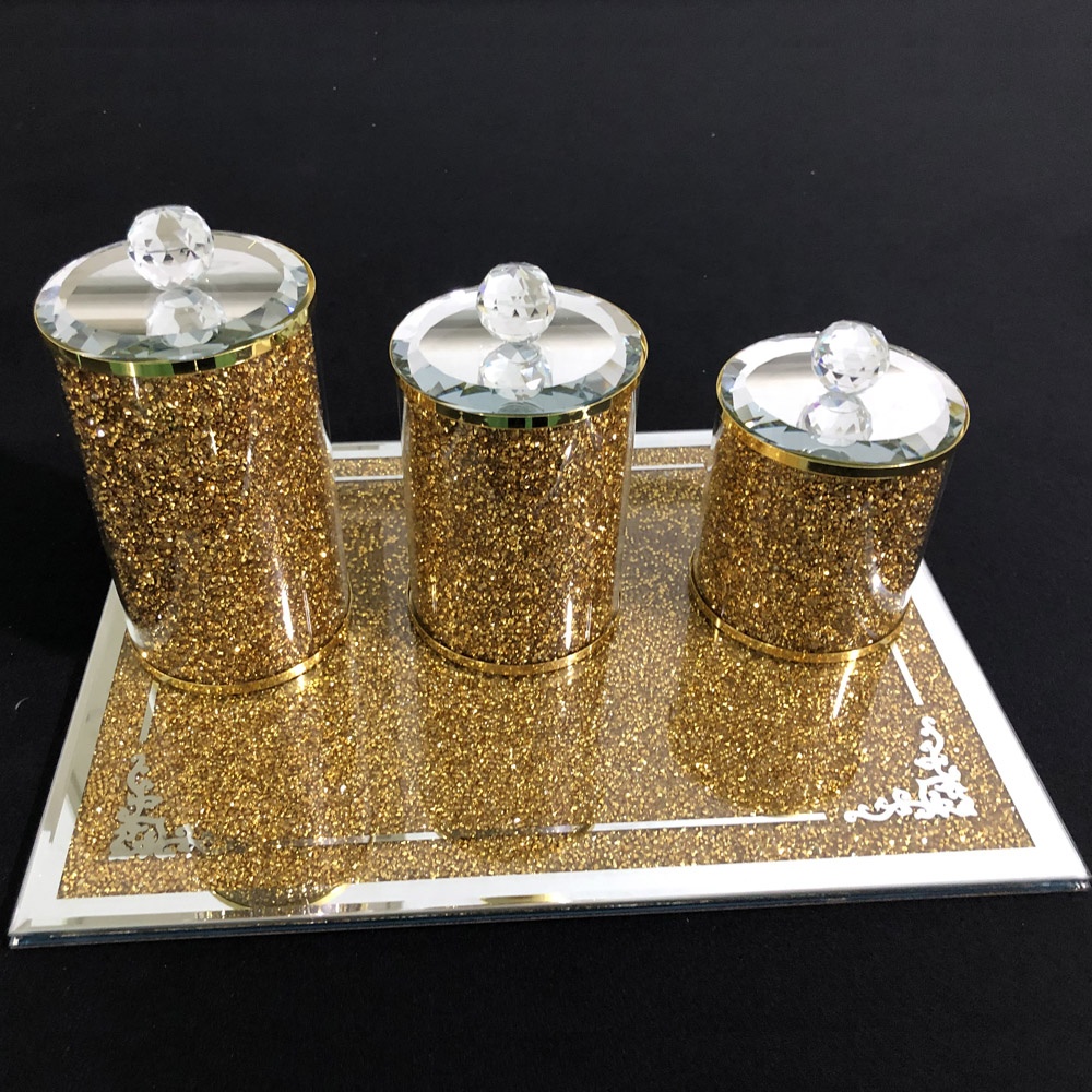 New design spice salt pepper jar set silver gold crushed diamond glass bottle storage with tray