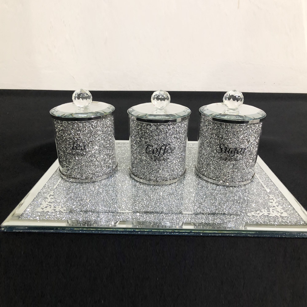 New design spice salt pepper jar set silver gold crushed diamond glass bottle storage with tray