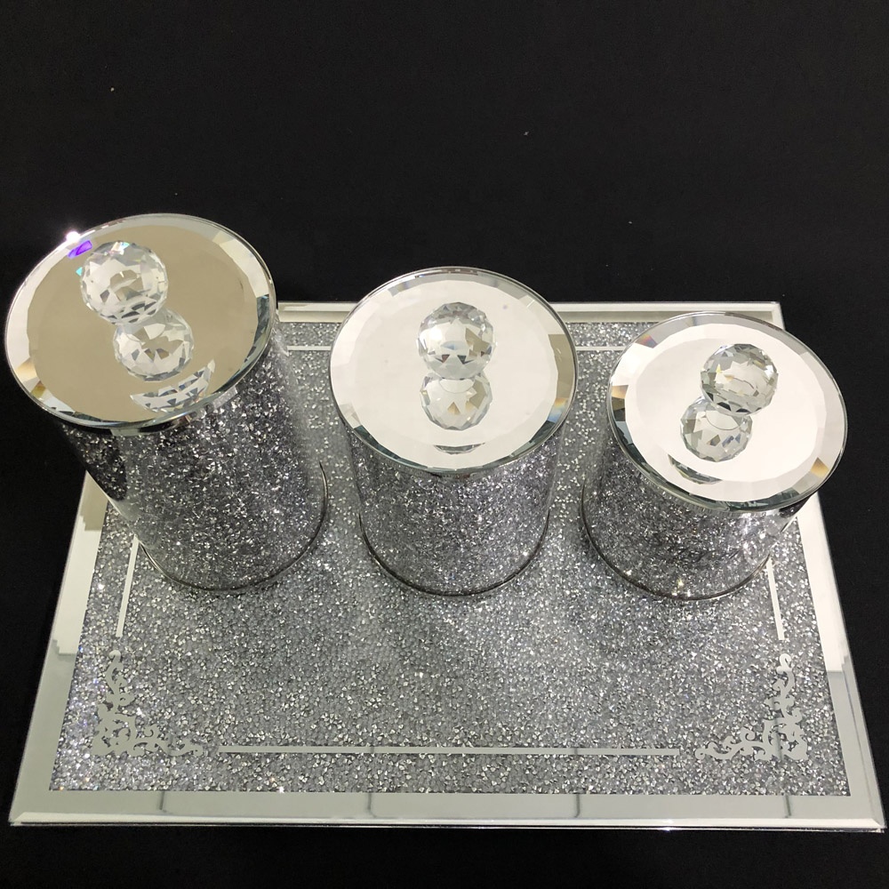 New design spice salt pepper jar set silver gold crushed diamond glass bottle storage with tray
