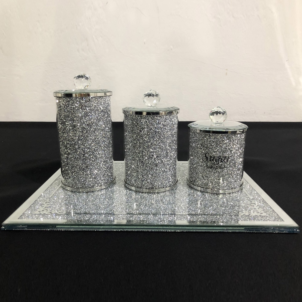 New design spice salt pepper jar set silver gold crushed diamond glass bottle storage with tray