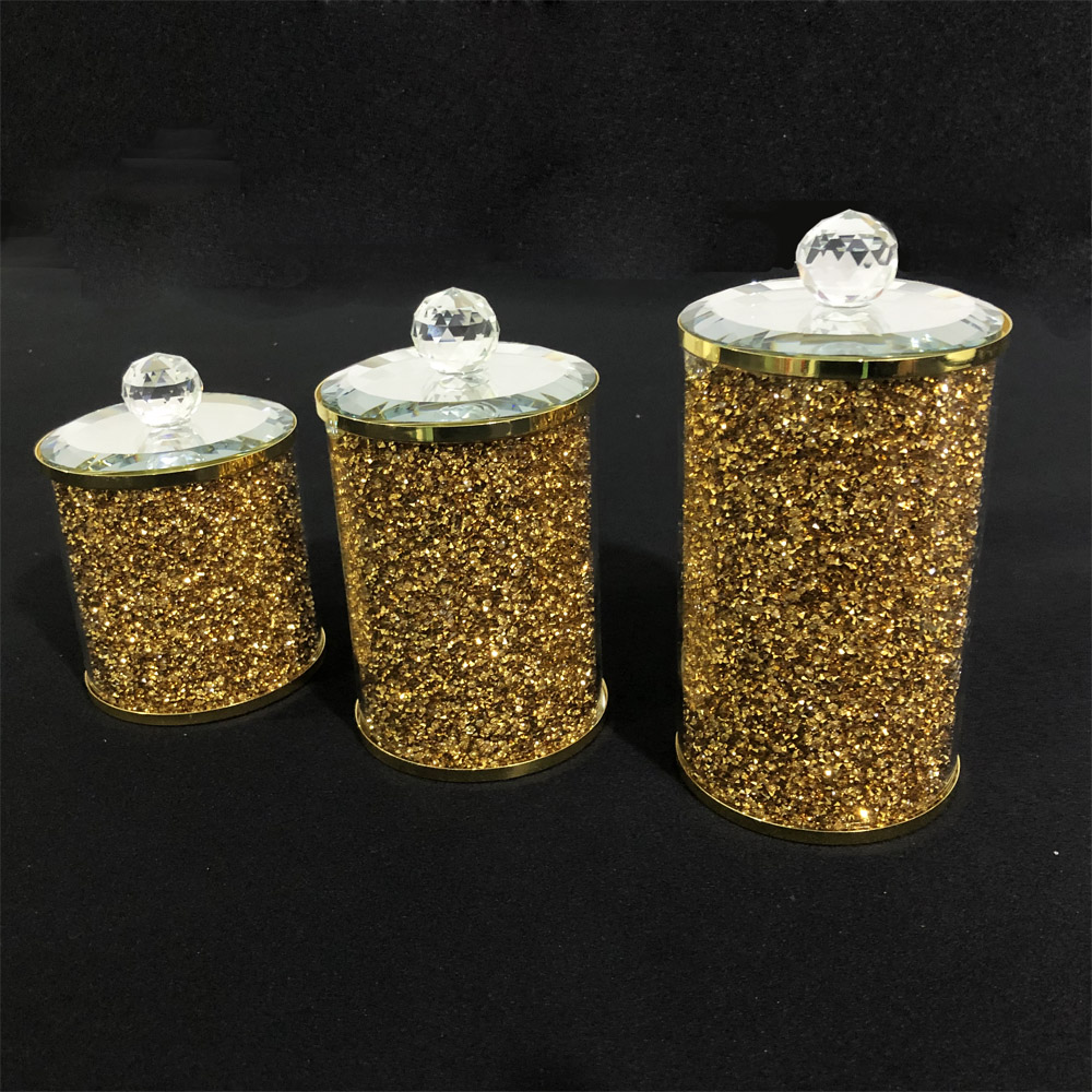 New design spice salt pepper jar set silver gold crushed diamond glass bottle storage with tray
