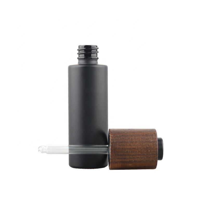 New developed 30ml frosted dropper glass bottle with bamboo wooden dropper lid pump multiple capacities