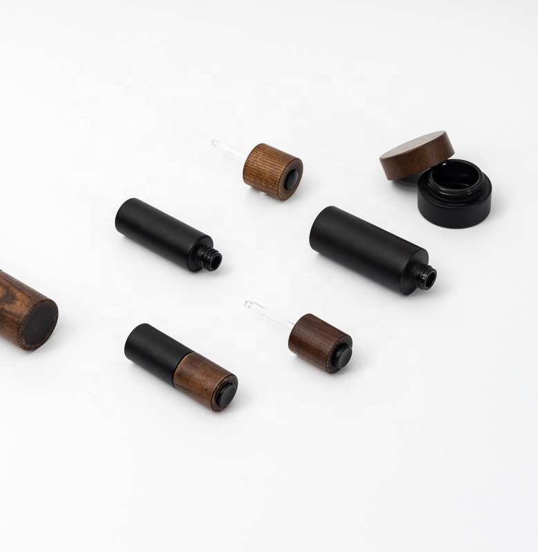 New developed 30ml frosted dropper glass bottle with bamboo wooden dropper lid pump multiple capacities