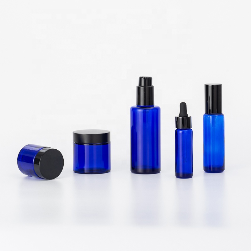 New developed blue bottle with dropper sprayer pump lid cobalt blue glass jar with cap