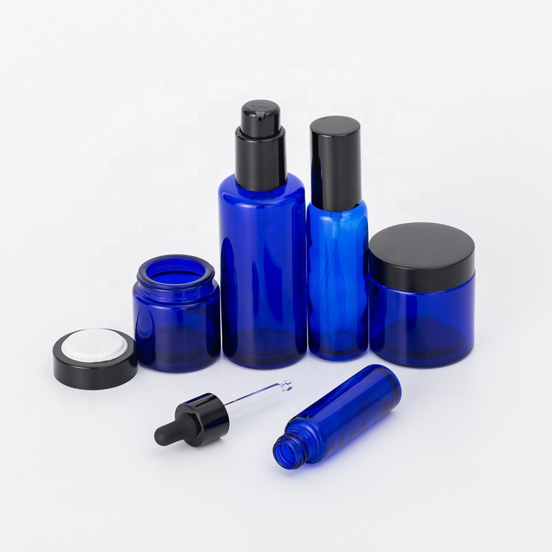 New developed blue bottle with dropper sprayer pump lid cobalt blue glass jar with cap