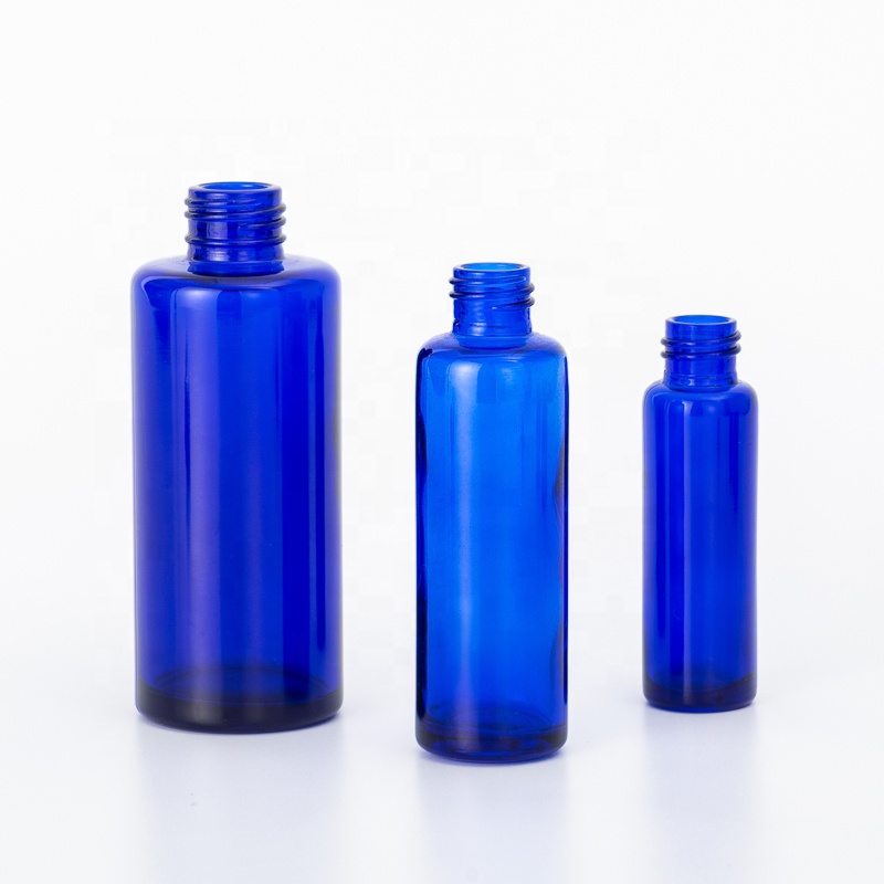 New developed blue bottle with dropper sprayer pump lid cobalt blue glass jar with cap
