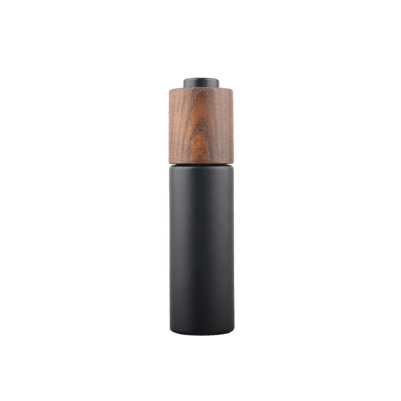 New developed luxury cosmetic packaging container frosted black glass packaging bottle with wooden cap
