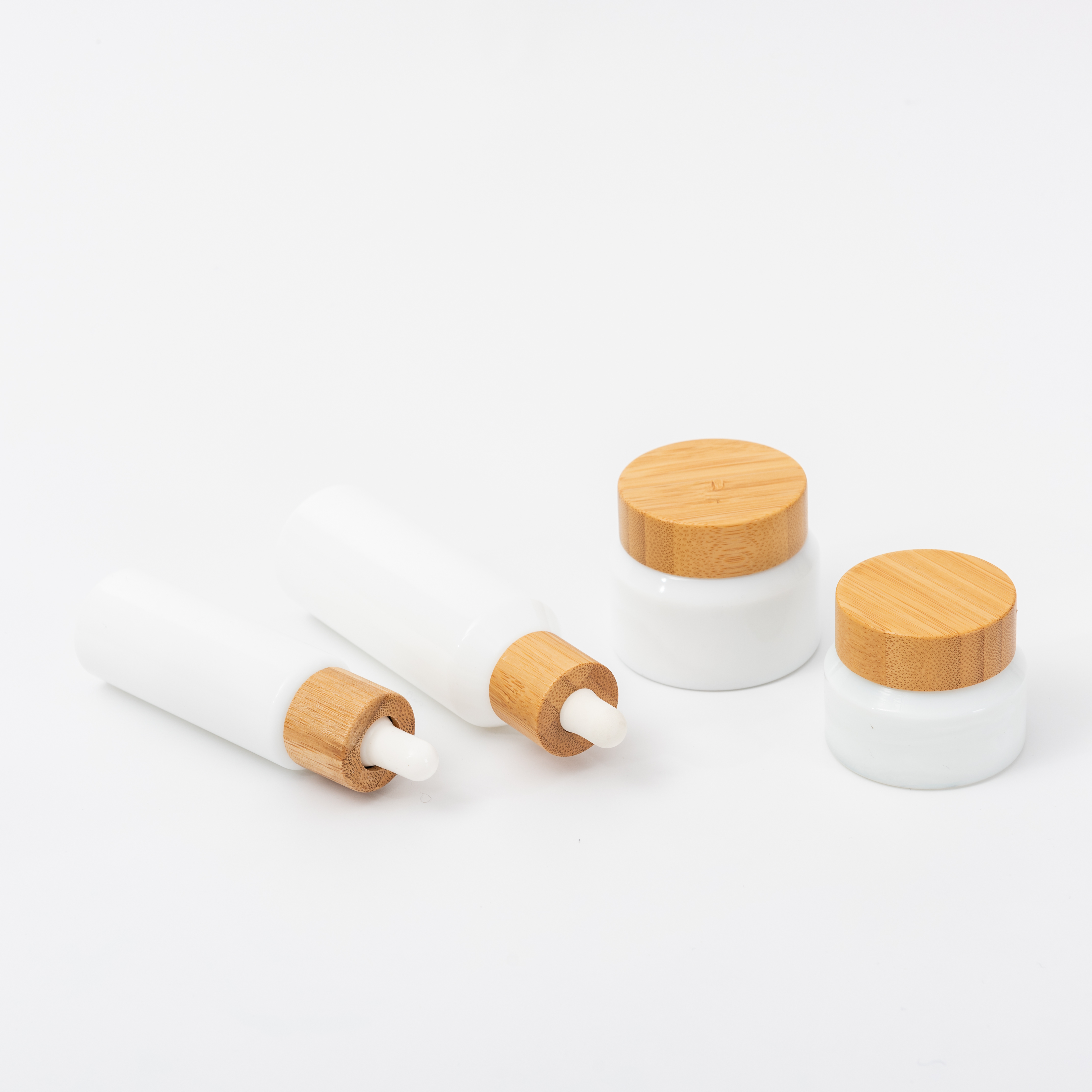 New developed opal white glass bamboo lid bottle bamboo cream jar