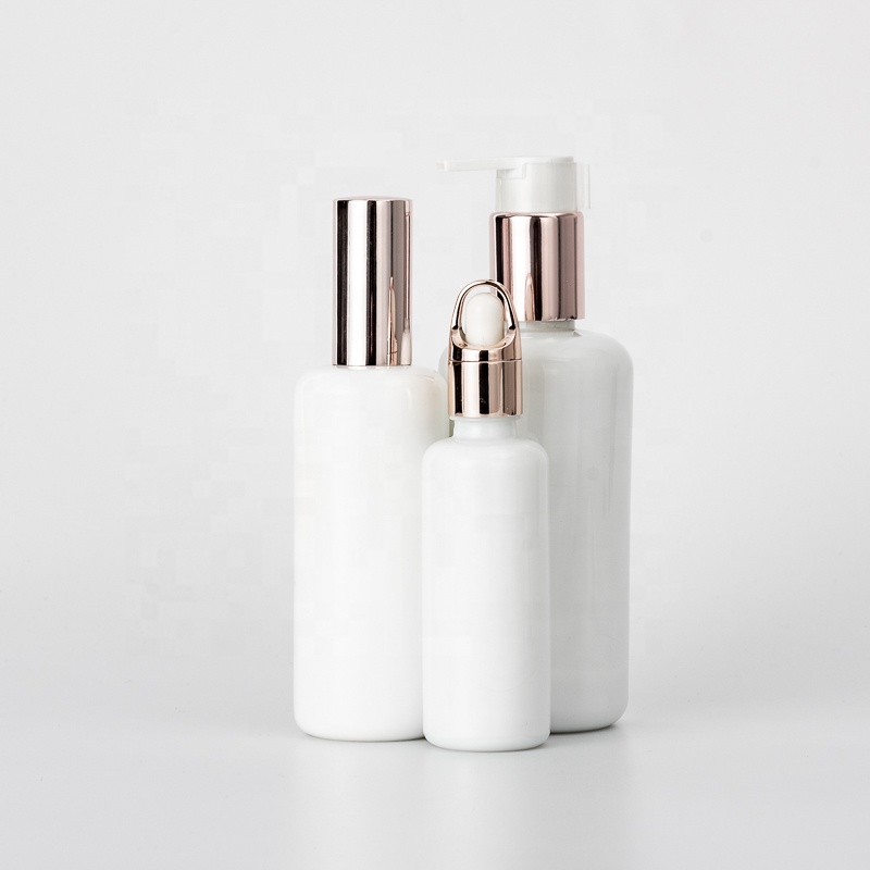 New developed white glass bottle for essential oil with dropper lid spray pump