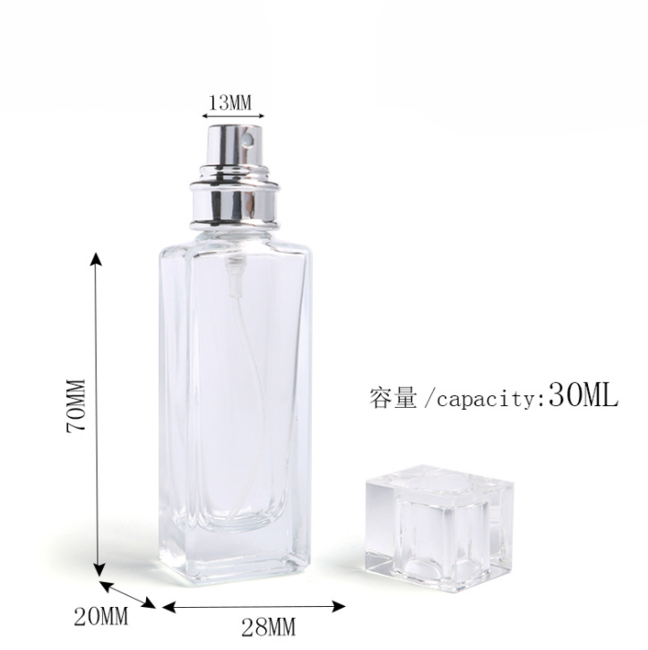 New empty clear custom cap glass 30ml perfume square bottle