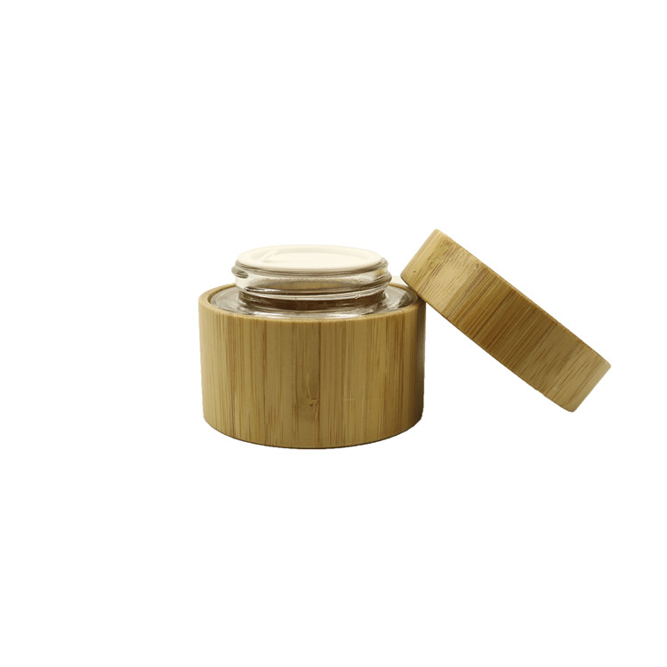 New fashion natural products cosmetic jar with bamboo cover round shape 50g 50ml 1.7oz glass inner cosmetic bamboo cream jar lid