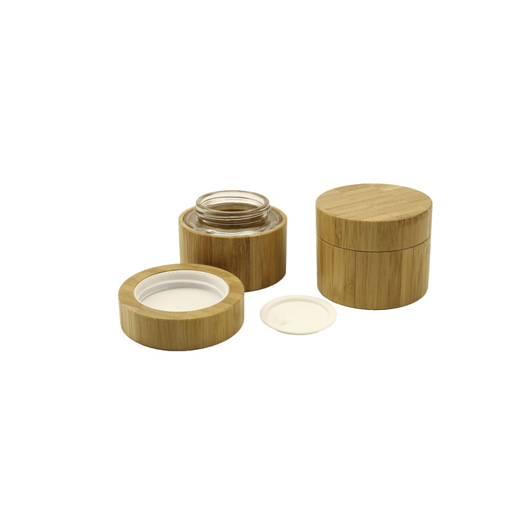 New fashion natural products cosmetic jar with bamboo cover round shape 50g 50ml 1.7oz glass inner cosmetic bamboo cream jar lid