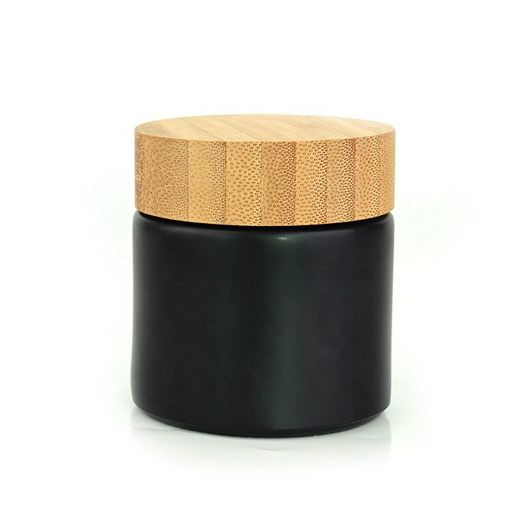 New luxury 170ml straight side round matte black cream glass cosmetic jar containers with bamboo wooden lid