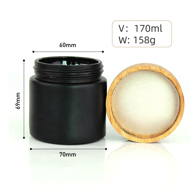 New luxury 170ml straight side round matte black cream glass cosmetic jar containers with bamboo wooden lid