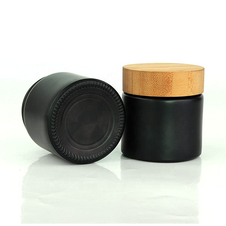New luxury 170ml straight side round matte black cream glass cosmetic jar containers with bamboo wooden lid