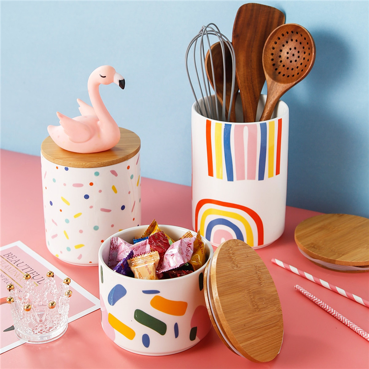 New modern home kitchen jar funny colorful tea coffee candy large ceramic storage jar with bamboo lid