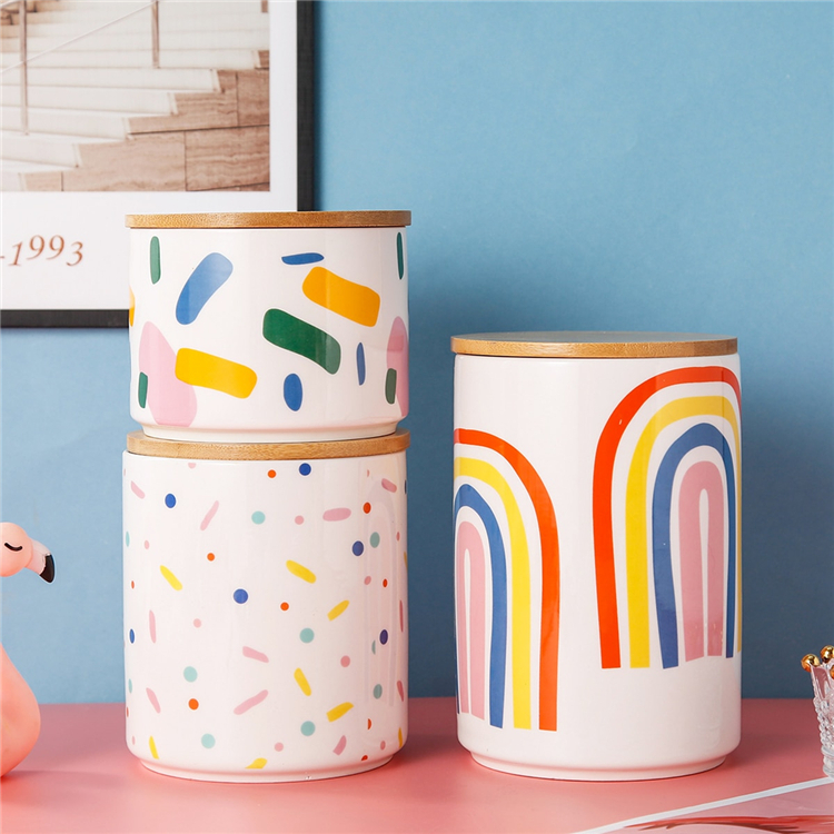 New modern home kitchen jar funny colorful tea coffee candy large ceramic storage jar with bamboo lid
