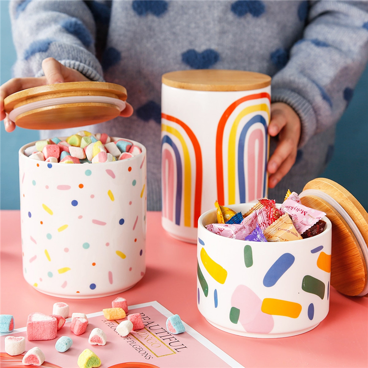 New modern home kitchen jar funny colorful tea coffee candy large ceramic storage jar with bamboo lid