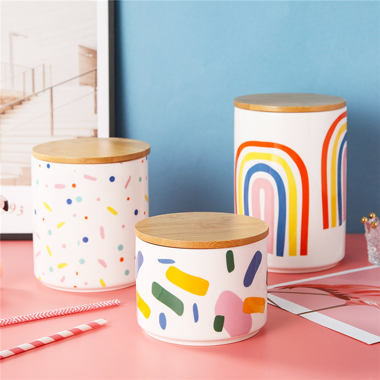 New modern home kitchen jar funny colorful tea coffee candy large ceramic storage jar with bamboo lid