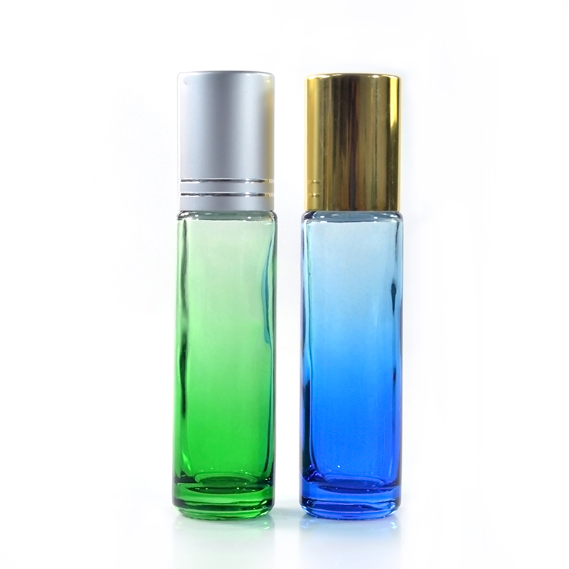 New product 1/3 OZ Blue Green Gradient Glass Perfume Essential Oil Roll On Bottle 10ml with stainless metal Roller ball in stock