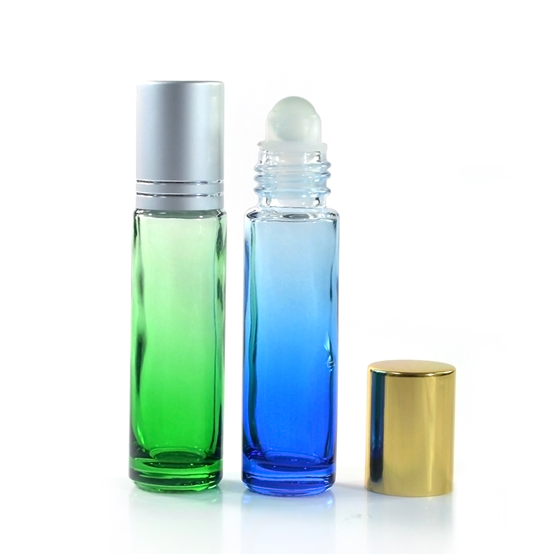 New product 1/3 OZ Blue Green Gradient Glass Perfume Essential Oil Roll On Bottle 10ml with stainless metal Roller ball in stock
