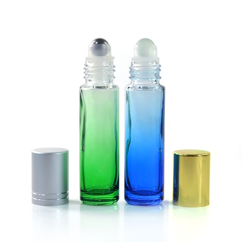 New product 1/3 OZ Blue Green Gradient Glass Perfume Essential Oil Roll On Bottle 10ml with stainless metal Roller ball in stock