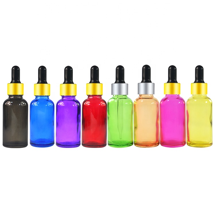 New product 2019 empty e liquid aluminum cap black red pink purple colorful 30 ml glass bottle with dropper