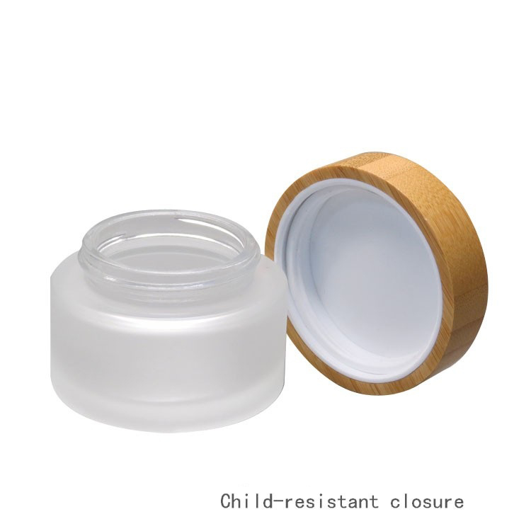 New product 30g 50g CRC bamboo child proof lid containers frosted glass jar with bamboo lid