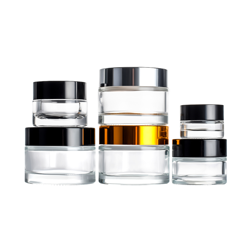 New product 5g 10g 15g 30g 50g 100g matte black clear amber glass cream jar with gold black sliver aluminium Cap