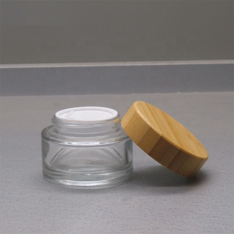 New product 5g 15g 30g 50g 100g transparent pharmaceutical cream glass jar with wood bamboo cover lid