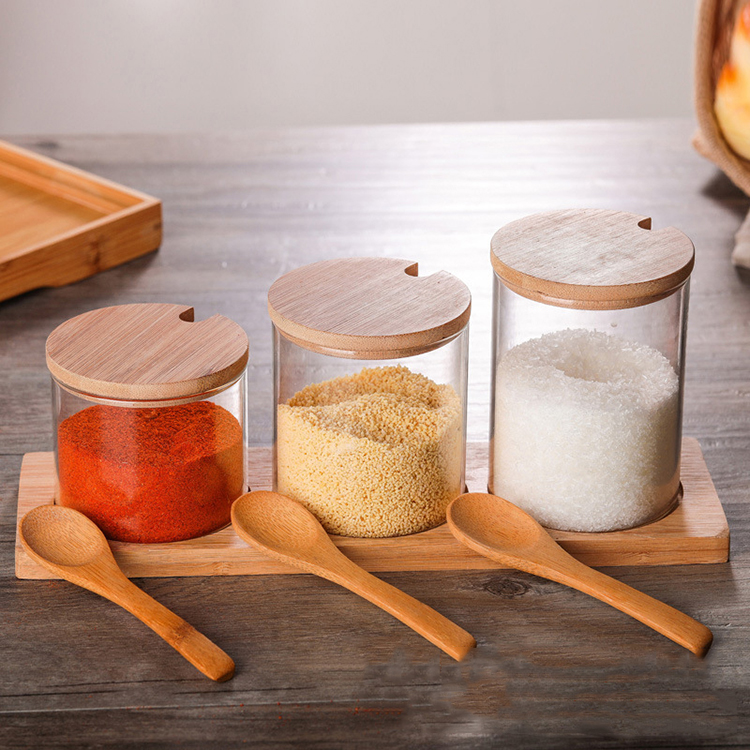 New product spice storage jar glass wooden lid with spoon set