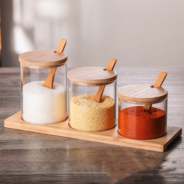New product spice storage jar glass wooden lid with spoon set
