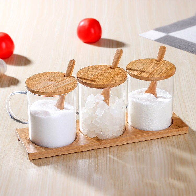 New product spice storage jar glass wooden lid with spoon set