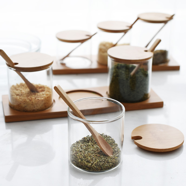 New product spice storage jar glass wooden lid with spoon set
