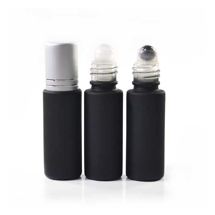 New products 10ml frosted matte black roll on glass bottle with stainless steel roller for essential oil perfume
