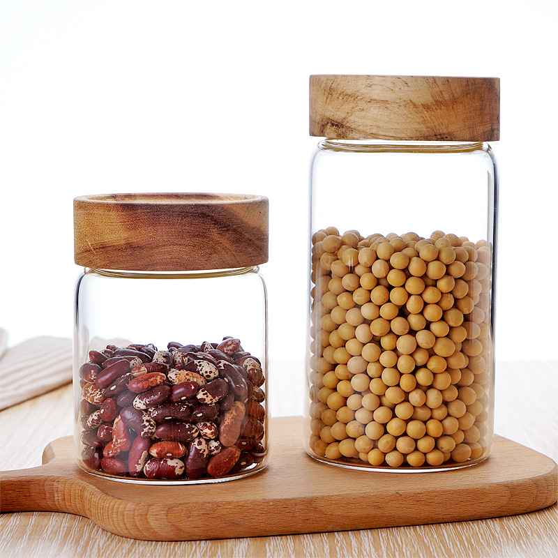 New selling transparent glass storage jars with wooden lids glass preserving jar with wooden lid